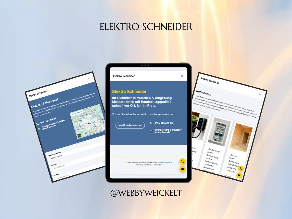 Referenz Projekt Elektro Schneider Showcase: Modernes Webdesign-Konzept für Elektro Schneider in München. Demo-Website für regionale Dienstleister. Mockup-Collage von WebByWeickelt.